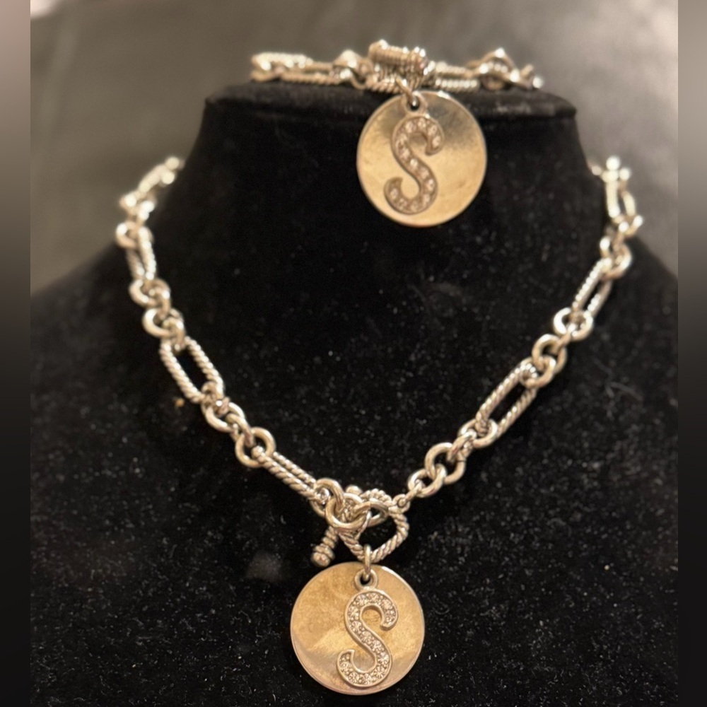 Silver S Initial Pendant Necklace and Bracelet Set